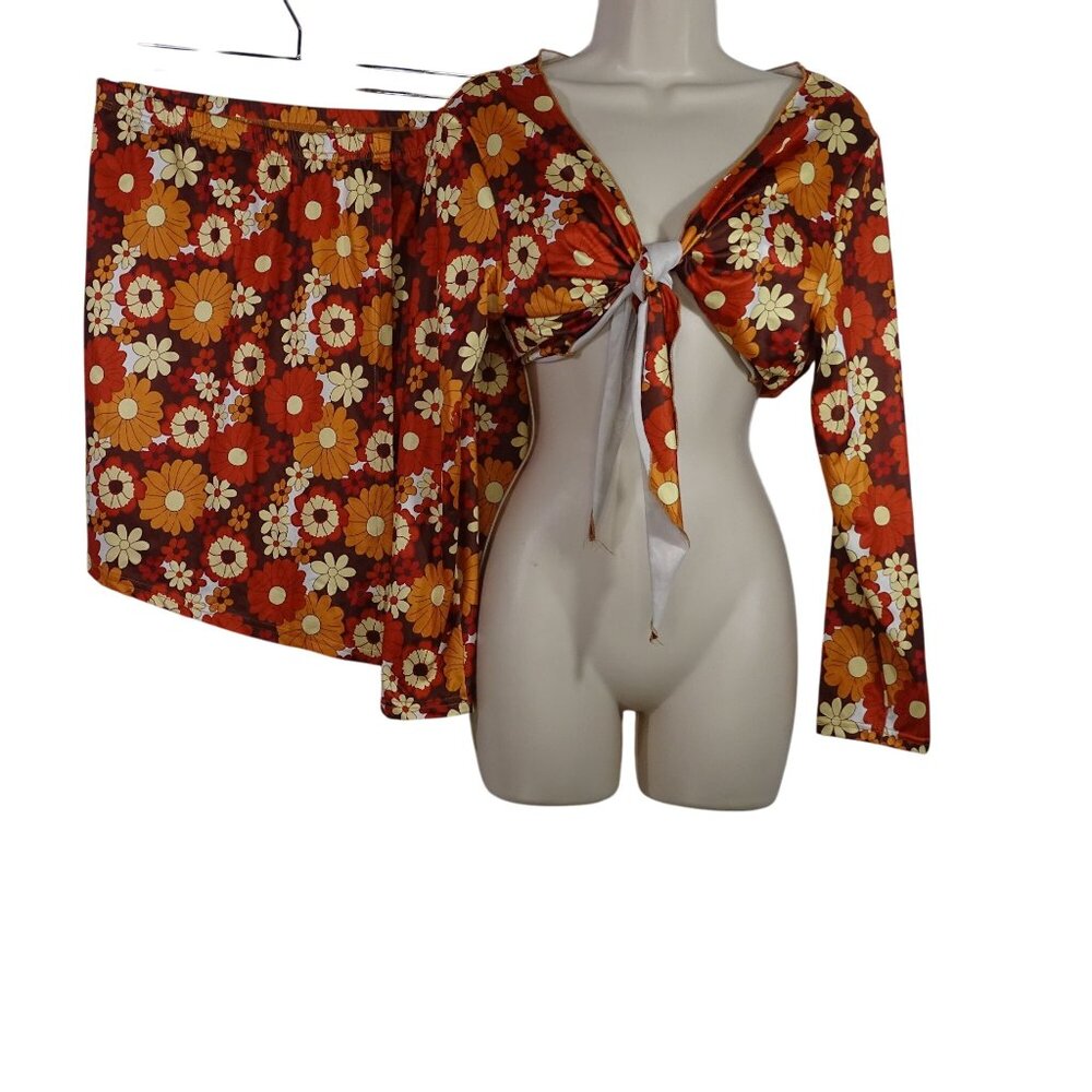 Shein Curve Retro Floral Brown 2-Pc Crop Top and Pull-on Skirt Women Size OXL 12
